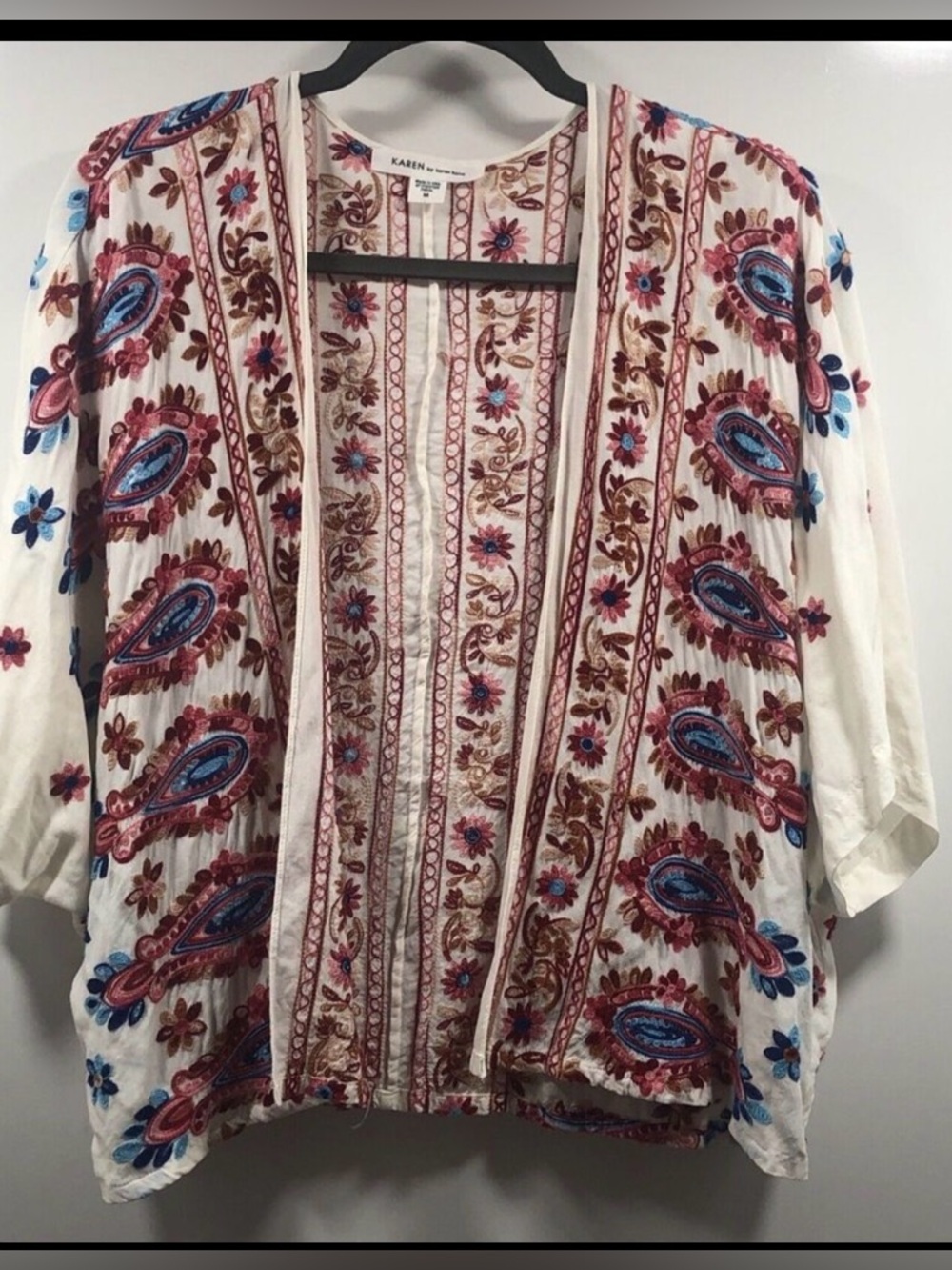 Karen Kane Floral Paisley Kimono Top Boho Embroidered Cream Size M - Picture 2 of 7